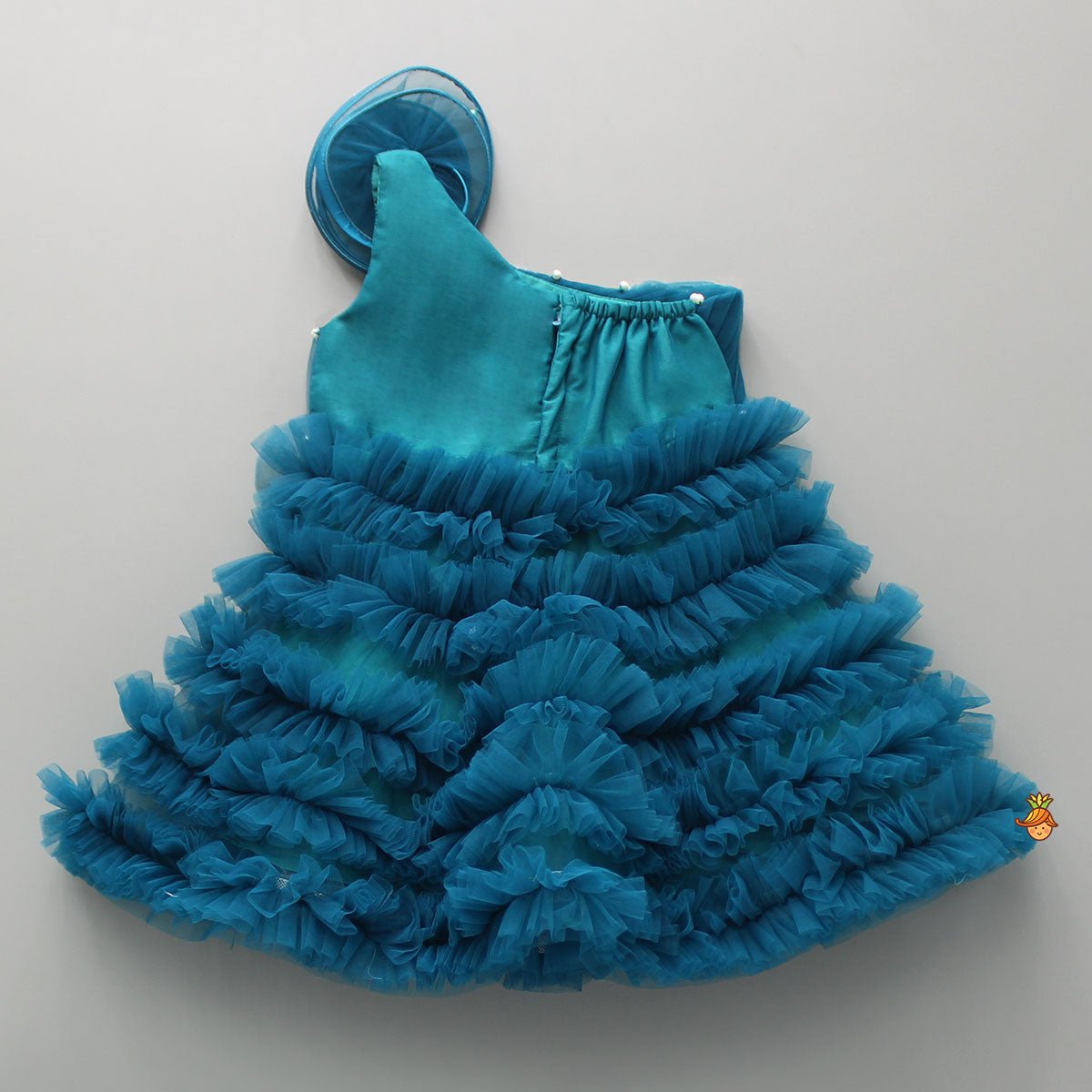 Swirl Ruffled Teal Blue One Shoulder Dress - Image 2