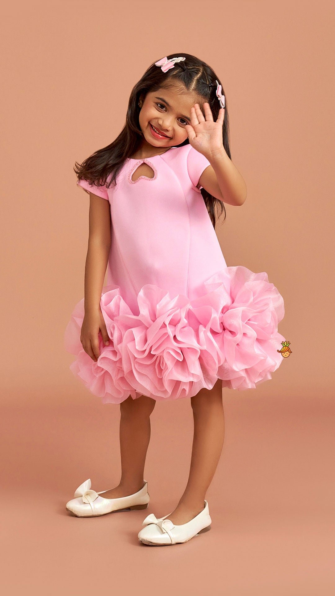 Pink Elegant Embellished Dress With Organza Flower Detail - Image 4