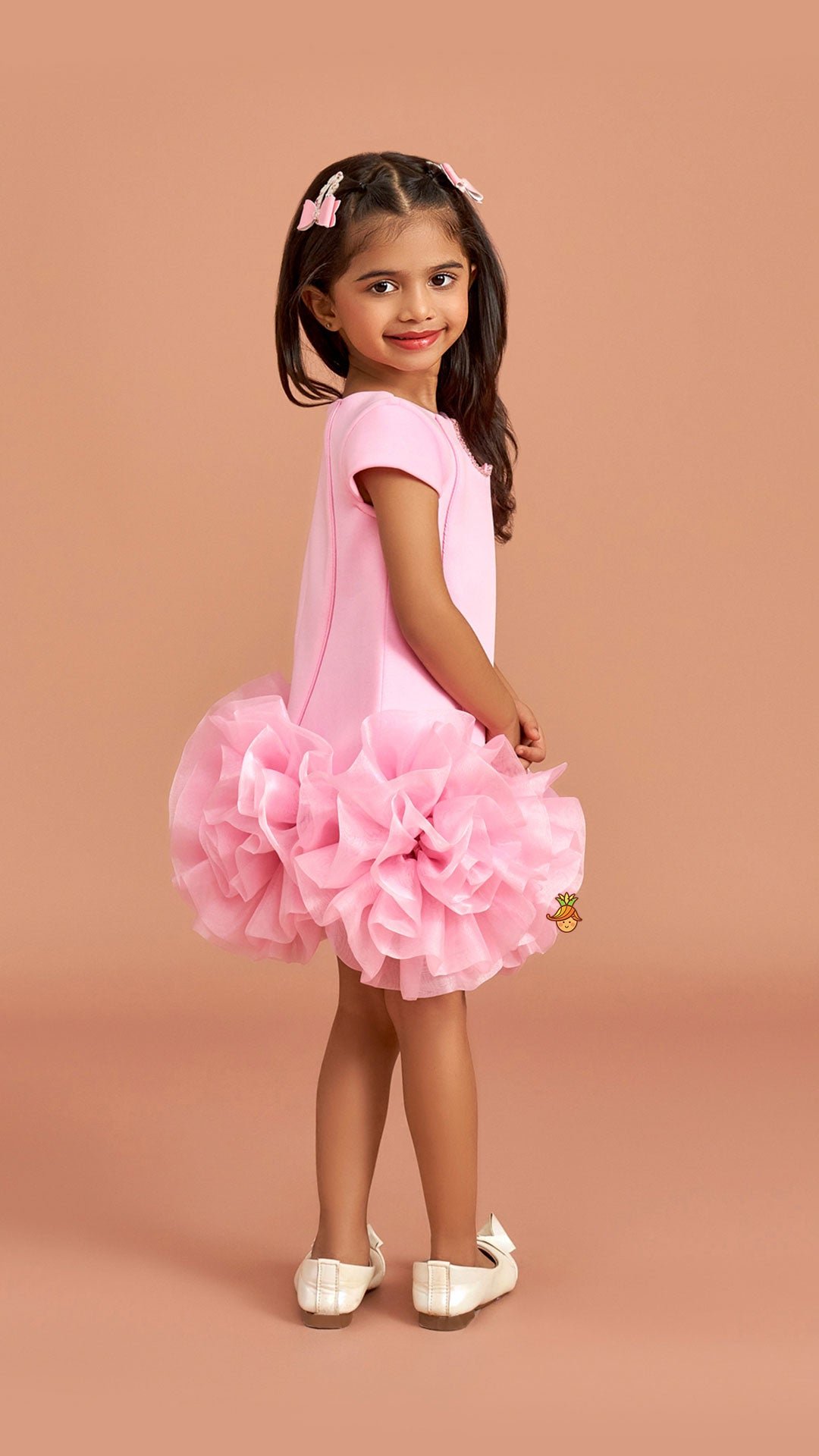 Pink Elegant Embellished Dress With Organza Flower Detail - Image 6
