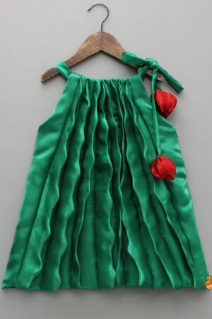 Sheen Green Satin Pleated Dress With Red Floral Tie-Up Detail