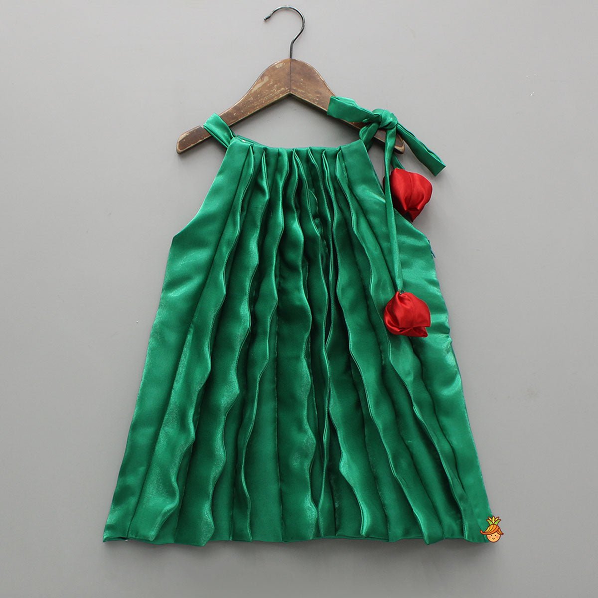 Sheen Green Satin Pleated Dress With Red Floral Tie-Up Detail