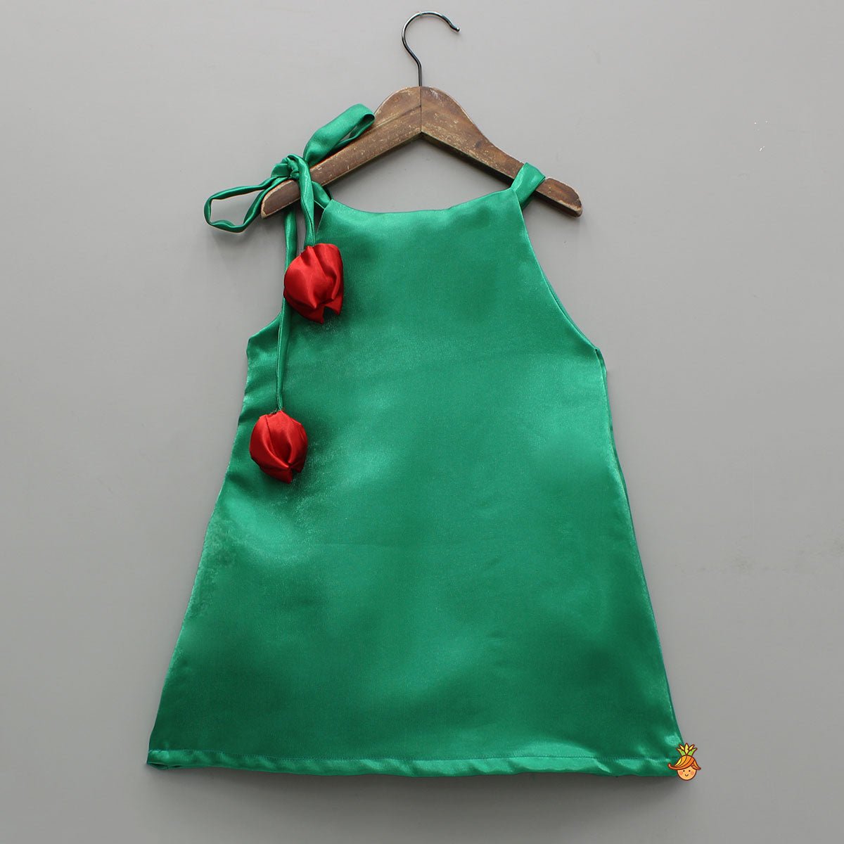 Sheen Green Satin Pleated Dress With Red Floral Tie-Up Detail - Image 2