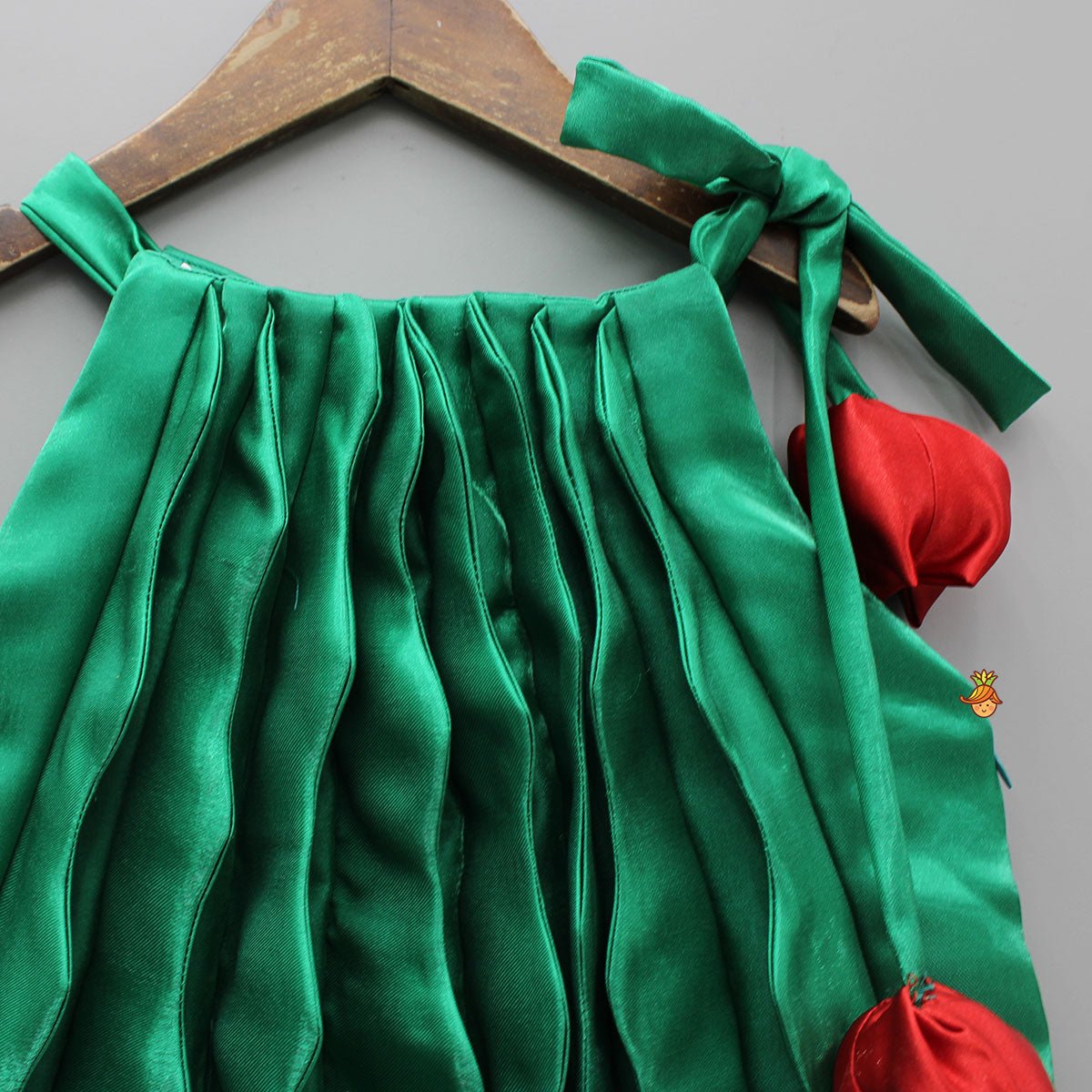Sheen Green Satin Pleated Dress With Red Floral Tie-Up Detail - Image 3