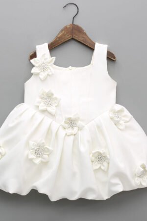 Beautiful 3D Flowers Adorned Sleeveless Embellished Dress With Detachable Bow