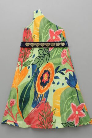 Exquisite One Shoulder Multicolour Printed Dress With Heart Embroidered Belt